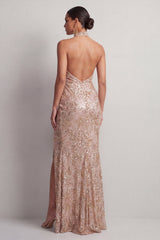 Sparkly Champagne Sequin High Neck Ruched Long Mother of the Bride Dress with Slit