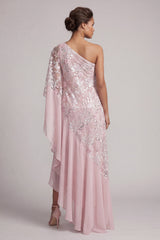 Pink One Shoulder Beaded Asymmetrical Floral Mother of the Bride Dress