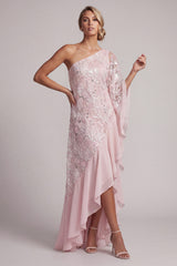 Pink One Shoulder Beaded Asymmetrical Floral Mother of the Bride Dress