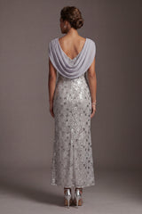 Sparkly Silver Mermaid Cowl Neck Sequins Long Mother of the Bride Dress