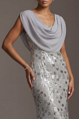 Sparkly Silver Mermaid Cowl Neck Sequins Long Mother of the Bride Dress