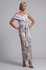 Silver Floral Beaded Sheath Long Mother of the Bride Dress with Sash