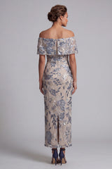 Navy Floral Sheath Off the Shoulder Maxi Mother of the Bride Dress
