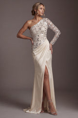 Champagne Sequin One Shoulder Mermaid Ruched Long Sleeves Mother of the Bride Dress