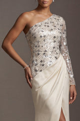 Champagne Sequin One Shoulder Mermaid Ruched Long Sleeves Mother of the Bride Dress