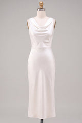 Simple White Satin Sheath Cowl Neck Maxi Engagement Dress