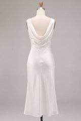 Simple White Satin Sheath Cowl Neck Maxi Engagement Dress