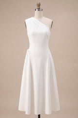 White A-Line One Shoulder Midi Engagement Dress with Bow