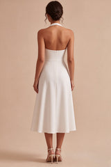 Simple White A-Line Halter Midi Beach Engagement Dress