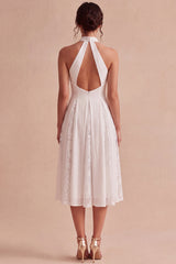 White A-Line Halter Ruched Midi Beach Engagement Dress with Lace