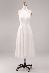 White A-Line Halter Ruched Midi Beach Engagement Dress with Lace
