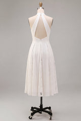 White A-Line Halter Ruched Midi Beach Engagement Dress with Lace