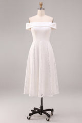 White A-Line Off the Shoulder Ruched Midi Beach Engagement Dress with Lace