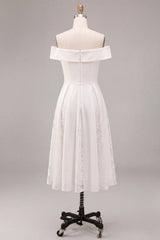 White A-Line Off the Shoulder Ruched Midi Beach Engagement Dress with Lace