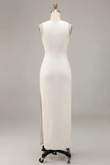White Satin Sheath Round Neck Long Engagement Dress with Slit