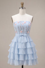Sky Blue Floral A Line Tiered Ruffled Short Homecoming Dress with Bow