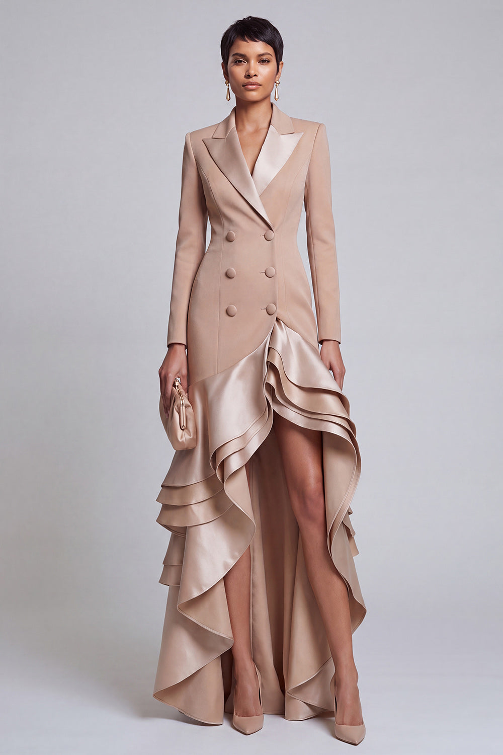 Ruffled Khaki Peak Lapel Double Breasted High-Low Blazer Dress