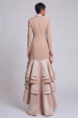 Ruffled Khaki Peak Lapel Double Breasted High-Low Blazer Dress