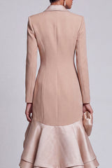 Ruffled Khaki Peak Lapel Double Breasted High-Low Blazer Dress