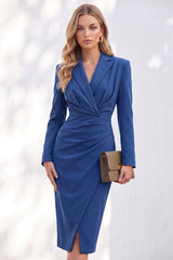 Blue Notched Lapel Ruched Midi Blazer Dress with Slit