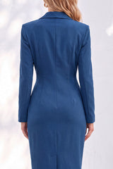 Blue Notched Lapel Ruched Midi Blazer Dress with Slit