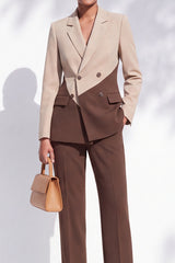 Coffee and Khaki Patchwork Notched Lapel Slim Fit 2-Piece Work Suits with Pocket