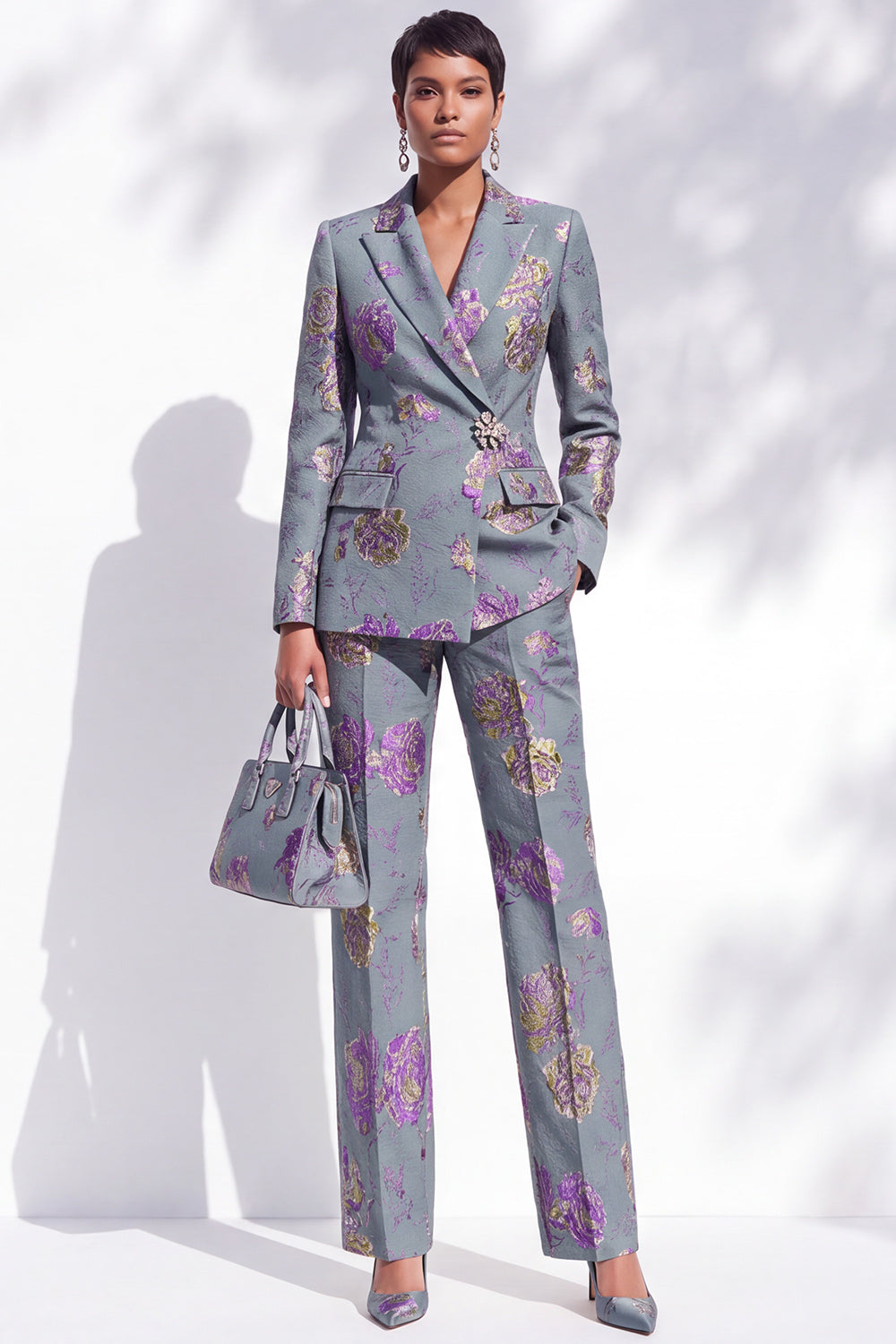 Grey Blue Floral Peak Lapel Jacquard 2-Piece Work Suits with Pocket