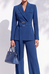 Berlin Blue Peak Lapel Long Sleeves 2-Piece Work Suits with Sash