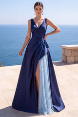 Navy A Line V-Neck Satin Ruched Long Formal Dress with Pearls