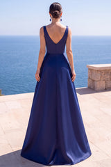 Navy A Line V-Neck Satin Ruched Long Formal Dress with Pearls