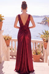 Burgundy Metallic V-Neck Ruched Long Formal Dress with Slit
