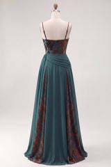 Dark Green Floral A Line Ruched Corset Long Velvet Holiday Dress