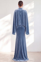 Blue Velvet Mermaid High Neck Beaded Long Holiday Dress with Cape