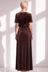 Coffee Velvet A Line Beaded Round Neck Maxi Holiday Dress with Sleeves