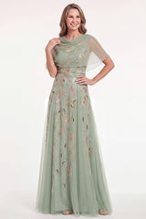 Green Tulle Beaded A Line Long Mother of the Bride Dress with Cape