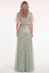 Green Tulle Beaded A Line Long Mother of the Bride Dress with Cape