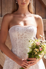 Ivory Strapless Lace A Line Short Boho Wedding Dress with Bow