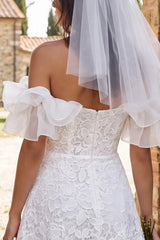 Ivory Floral A Line Lace Ruffled Short Boho Wedding Dress