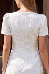Ivory Tight Boat Neck Short Sleeves Jacquard Wedding Dress