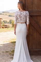 Ivory Two Piece Lace Boat Neck Sweep Train Wedding Dress with Slit