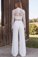 Ivory Lace Long Sleeves High Neck Two Piece Wedding Outfits