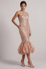 Sparkly Blush Mermaid Bubble Midi Sequin Mother of the Bride Dress with Pockets