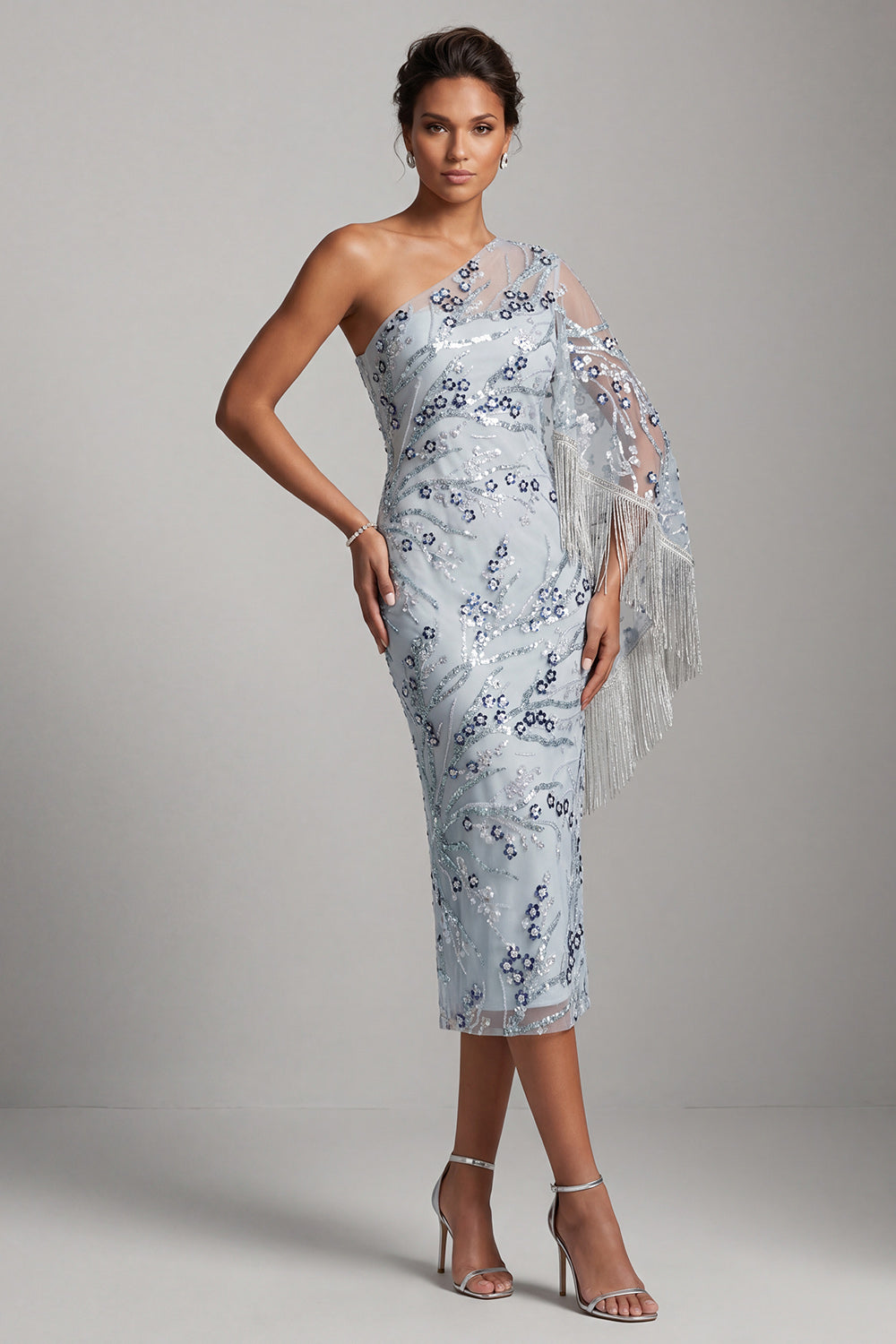 Sparkly Light Blue Floral Sequin One Shoulder Midi Mother of the Bride Dress with Fringes