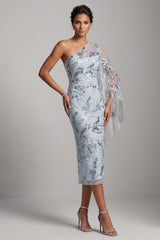 Sparkly Light Blue Floral Sequin One Shoulder Midi Mother of the Bride Dress with Fringes