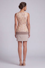 Champagne Floral Sequin Bodycon Bateau Neck Short Mother of the Bride Dress