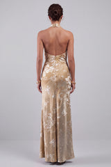 Champagne Velvet Halter Maxi Floral Mother of the Bride Dress with Sash