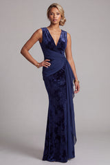 Dark Navy V-Neck Ruched Velvet Long Floral Mother of the Bride Dress with Sash