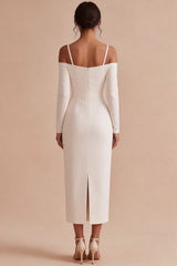 White Sheath Cold Shoulder Maxi Engagement Dress with Sleeves