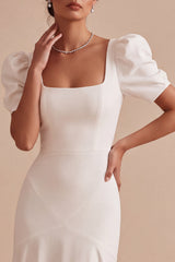 White Mermaid Square Neck Puff Sleeves Long Engagement Dress