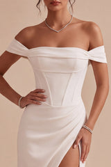 White Corset Ruched Off the Shoulder Midi Engagement Dress with Slit